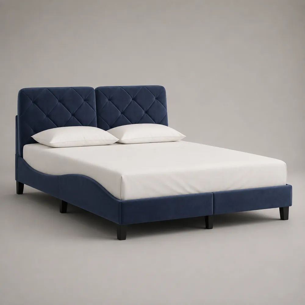 Polsterbett Doppelbett mit Samtbezug und Lattenrost, Liegefläche 160 × 200 cm, Dunkelblau/Schwarz