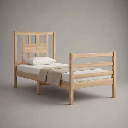 Einzelbett aus massivem Kiefernholz, Natur, 98 x 208 x 135 cm, Liegefläche 90 x 200 cm