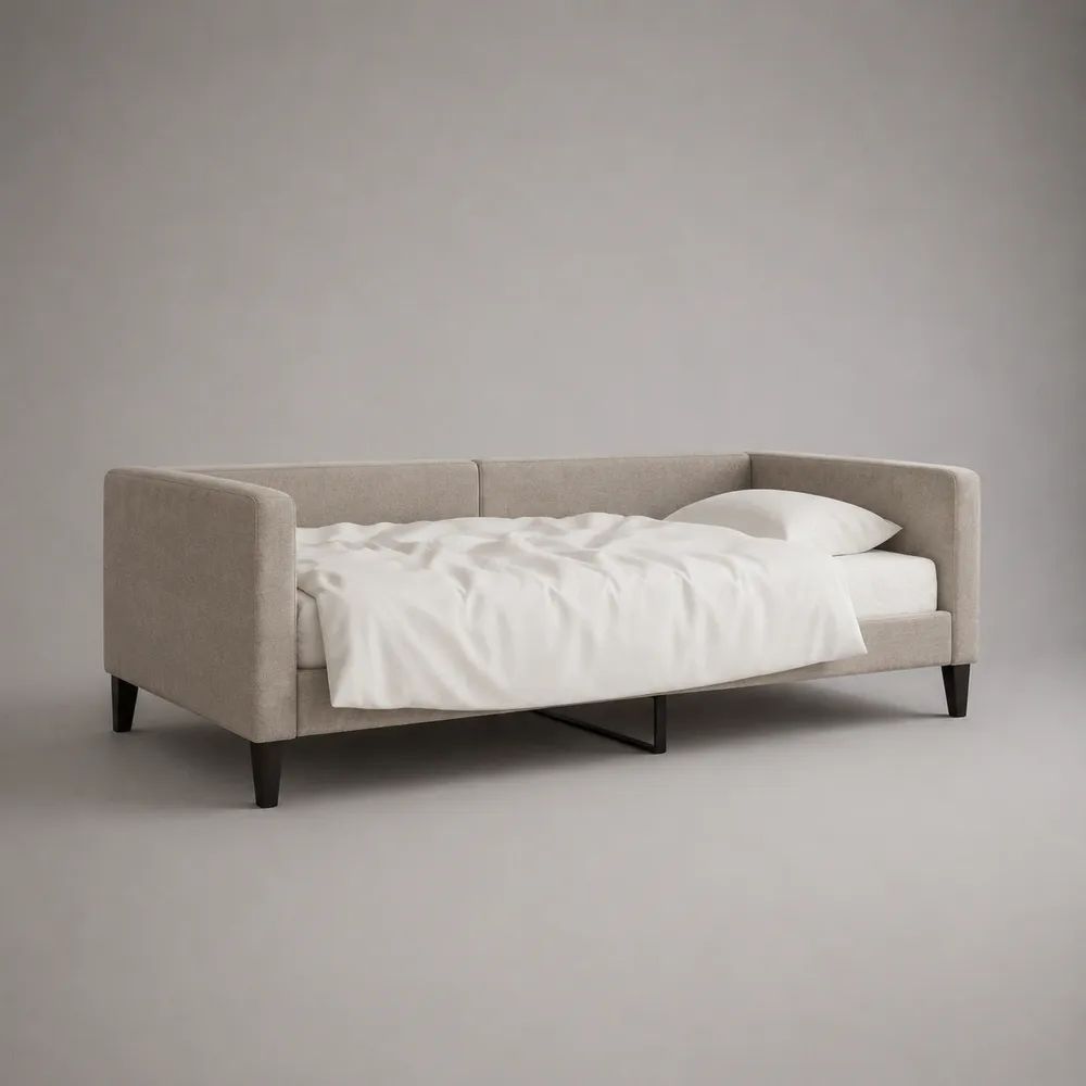 Tagesbett Polsterbett Beige/Schwarz 216 x 101 x 84 cm, Liegefläche 90 x 200 cm, mit Lattenrost, Holzrahmen und Stoffbezug