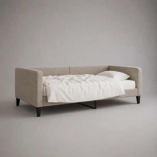 Tagesbett Polsterbett Beige/Schwarz 216 x 101 x 84 cm, Liegefläche 90 x 200 cm, mit Lattenrost, Holzrahmen und Stoffbezug