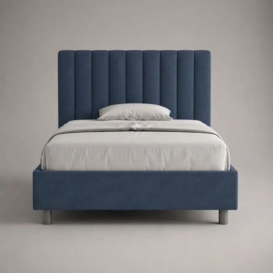 Polsterbett 90 × 200 cm aus Polyester-Samt und MDF mit hohem Kopfteil, Dunkelblau