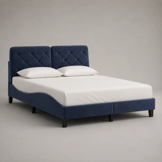 Polsterbett Doppelbett mit Samtbezug und Lattenrost, Liegefläche 160 × 200 cm, Dunkelblau/Schwarz
