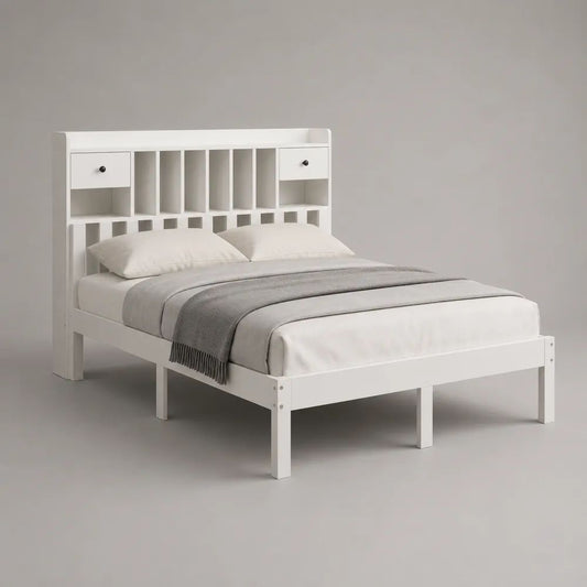 Doppelbett mit Stauraumkopfteil aus massivem Kiefernholz, Weiß/Schwarz, Liegefläche 160 x 200 cm