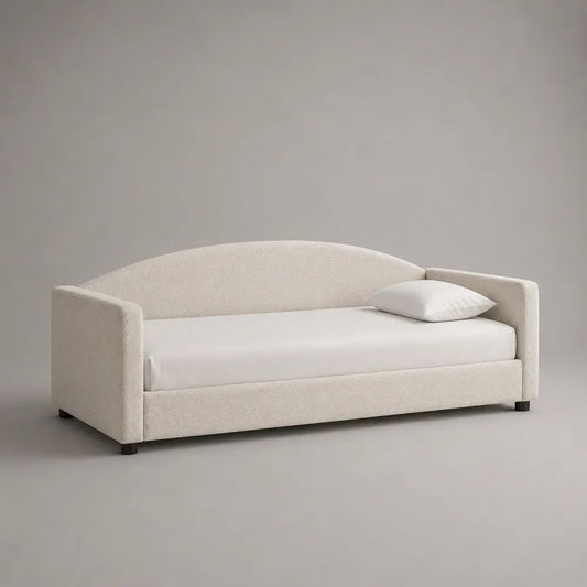 Tagesbett 90 × 200 cm mit Polyester-Bouclé-Bezug, bogenförmiger Rückenlehne und Armlehnen, 215 × 105 × 88 cm, Cremeweiß
