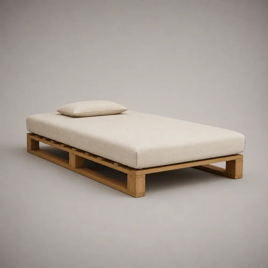 Einzelbett-Set 90 × 200 cm mit Eichenmassivholzrahmen, Schaumstoffmatratze und Kissen, Natur/Cremeweiß