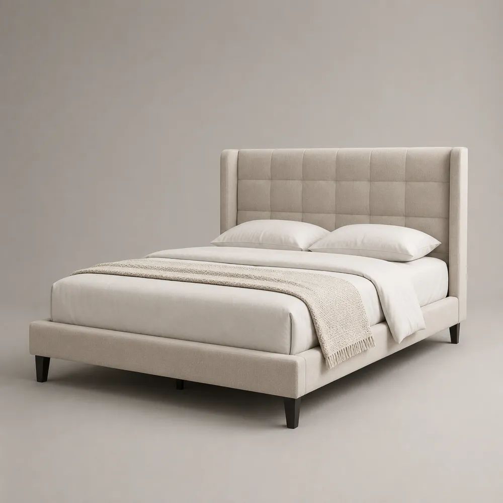 Polsterbett Doppelbett mit Polyesterbezug, Liegefläche 160 × 200 cm, Beige mit dunkelbraunen Füßen