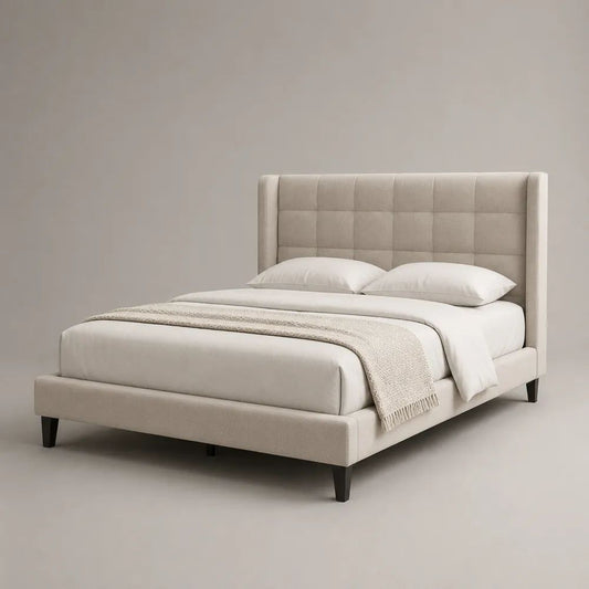 Polsterbett Doppelbett mit Polyesterbezug, Liegefläche 160 × 200 cm, Beige mit dunkelbraunen Füßen