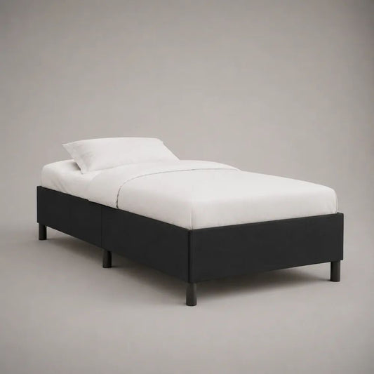 Gepolstertes Einzelbett-Bettgestell 90 x 200 cm mit Lattenrost, PU-Kunstleder, Schwarz, ohne Kopfteil