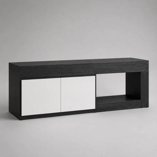 TV-Lowboard aus melaminharzbeschichteter Spanplatte mit 2 Türen und 2 offenen Fächern, Schwarz/Weiß, 160 × 40 × 55 cm