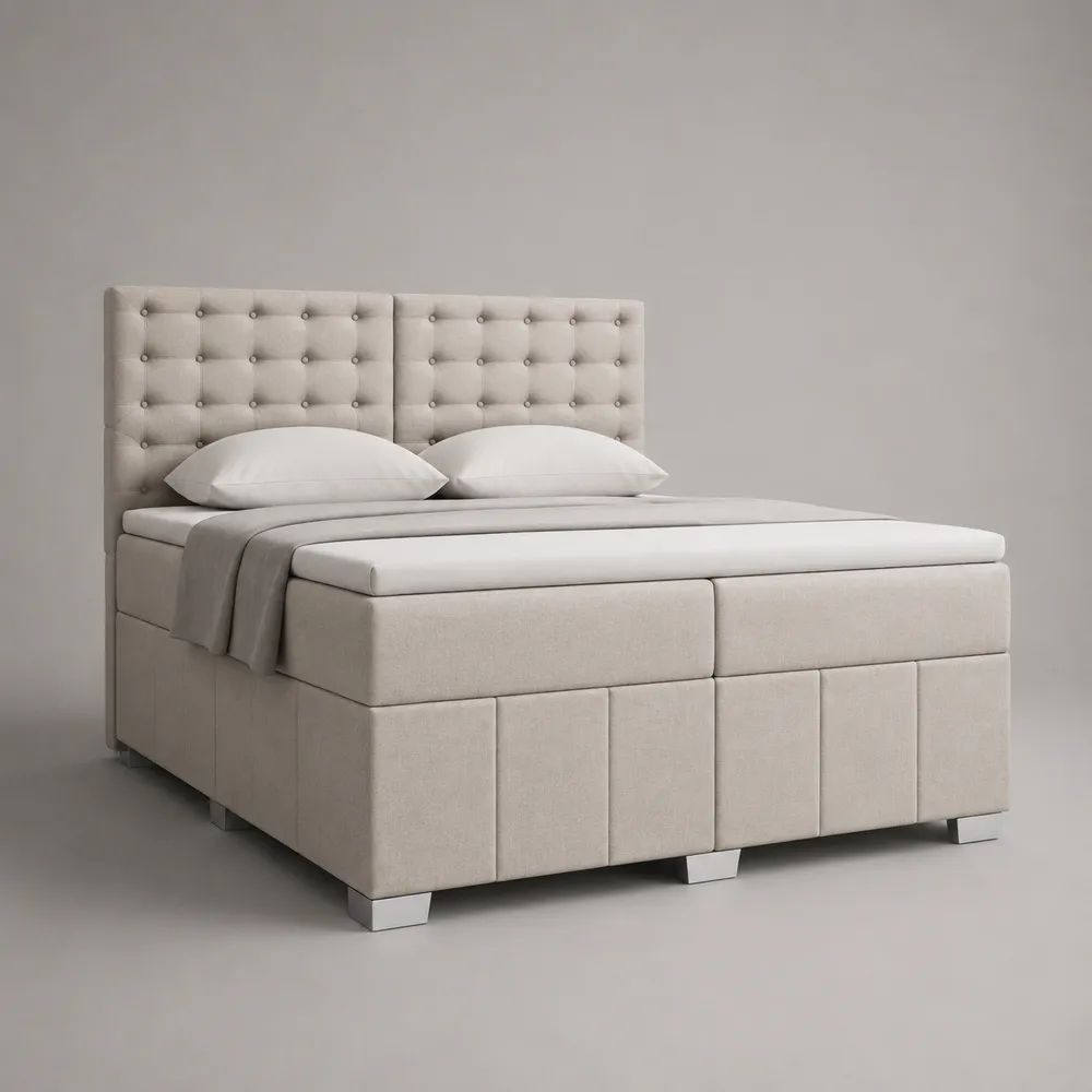 Boxspringbett-Set 180 x 200 cm mit Topper, Federkernmatratzen und gepolstertem Stoff-Kopfteil, Beige
