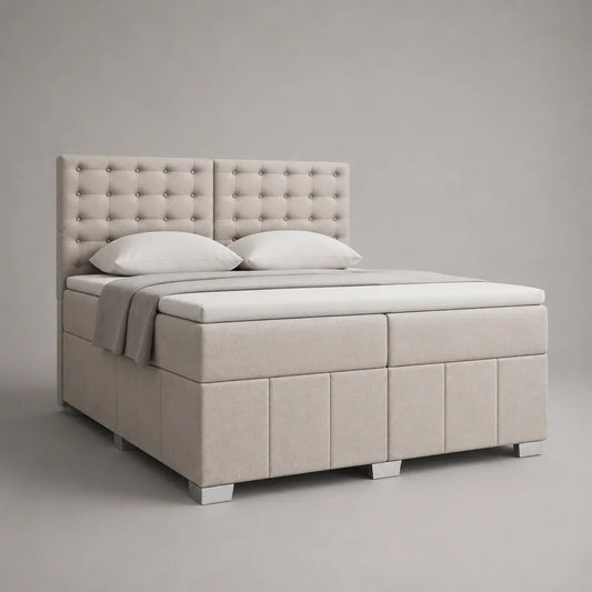Boxspringbett-Set 180 x 200 cm mit Topper, Federkernmatratzen und gepolstertem Stoff-Kopfteil, Beige