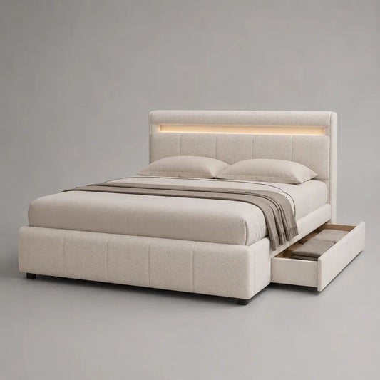 Polsterbett mit LED-Beleuchtung und Seitenschublade, Bouclé-Polyester, Creme, Liegefläche 160 x 200 cm