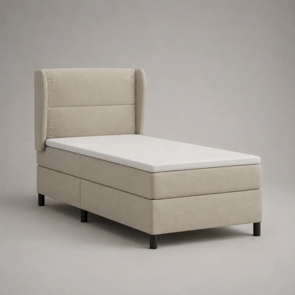 Boxspringbett Einzelbett 90 × 200 cm mit Matratze, Topper und gepolstertem Kopfteil, Polyesterbezug, Beige