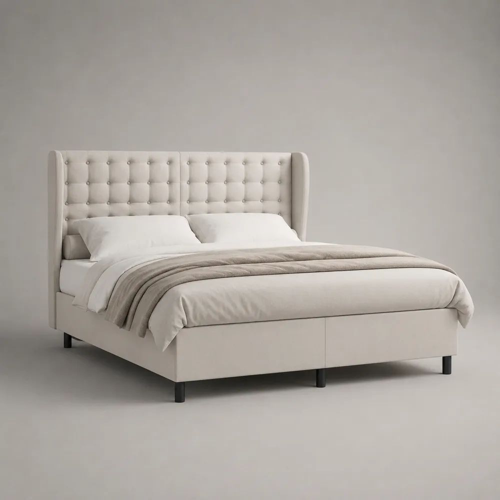 Polsterbett Doppelbett 180 x 200 cm mit Lattenrost und Flügelkopfteil, Polyester-Samtbezug Beige, Gesamtmaß 195 x 215 x 130 cm
